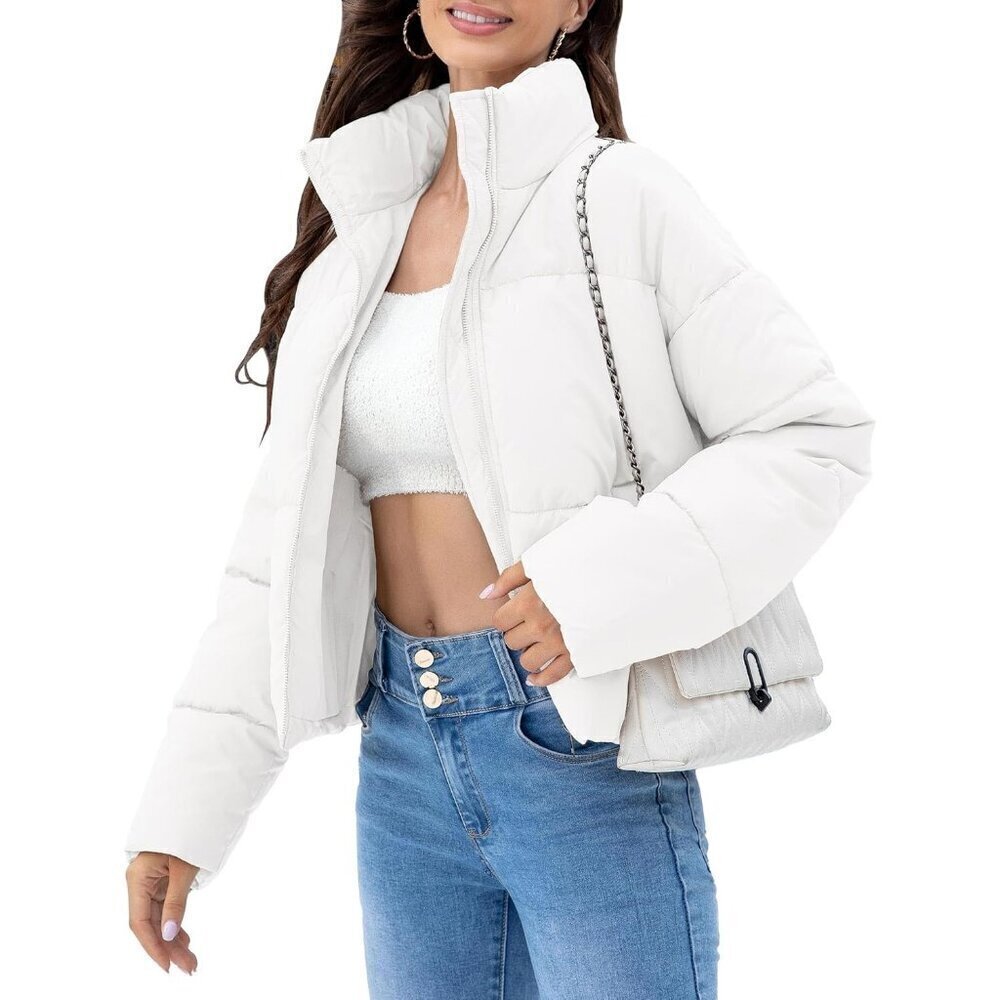 Women’s Jacket Puffer Quilted Jackets Long Sleeve Stand Collar Zipper Warm White